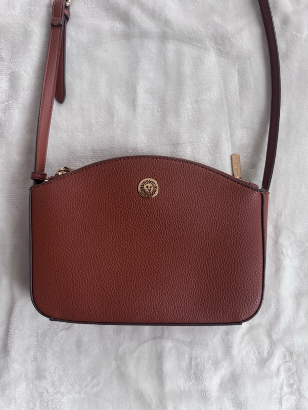 Anne Klein Brown Pebbled Leather Crossbody with Gold Emblem